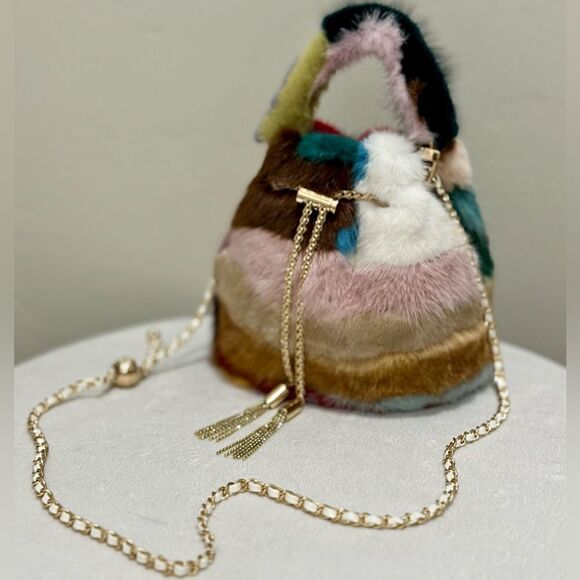 Handmade Color-block Genuine Mink Fur & Drawstring Bucket Bag Includes 2 Straps - Picture 7 of 16
